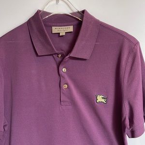 SOLD Burberry Polo in Plum Purple with gold button and gold patch logo on chest